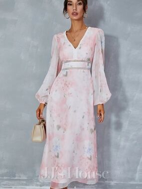 NEW JJ's HOUSE Elegant Watercolor Floral V-Neck Balloon Sleeve Maxi Dress size M